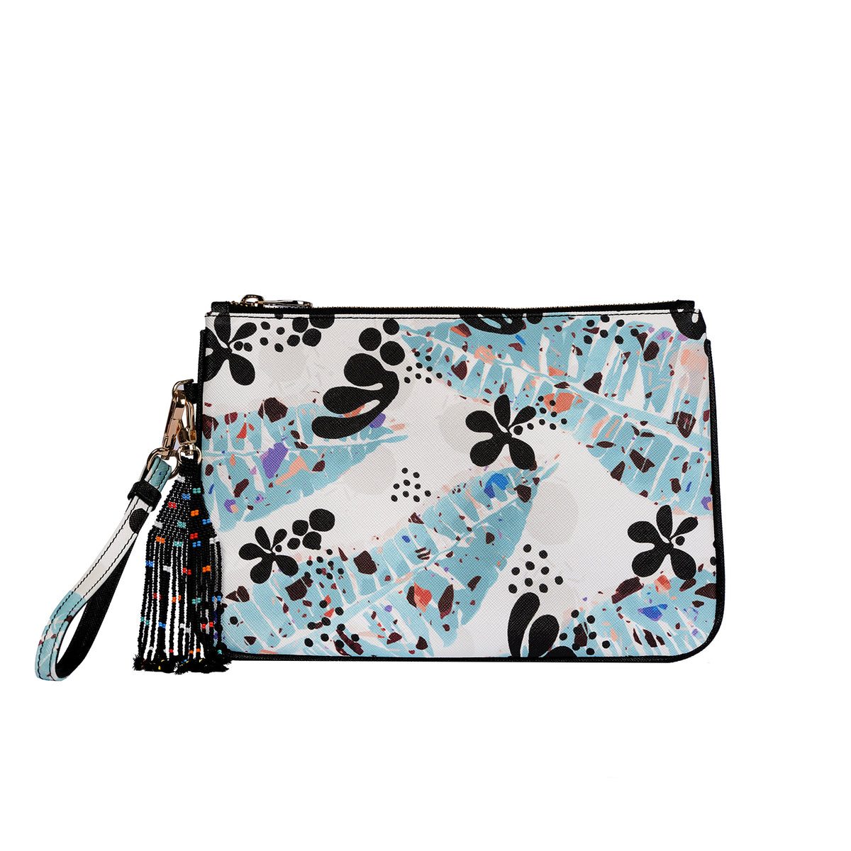 Fonfique dalida clutch boncuk püsküllü çanta summer yazlık matisse leaves blue mint yaprak turkuaz mavi hediye gift