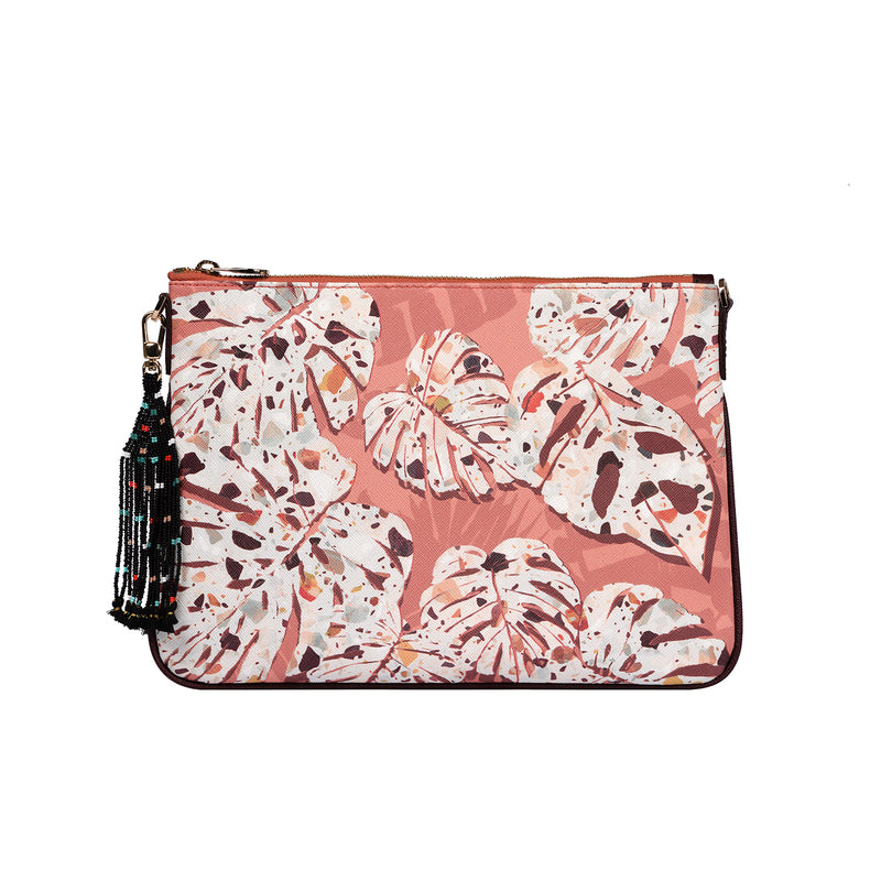 Fonfique Merita Cluctch askılı omuz çantası portföy çanta  Monstera terra yaprak pembe pink hediye gift