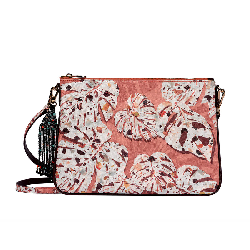 Fonfique Merita Cluctch askılı omuz çantası portföy çanta  Monstera terra yaprak pembe pink hediye gift