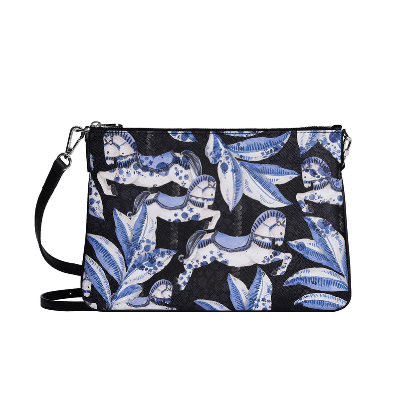 Fonfique Merita Clutch portföy çanta atlı karınca carousel mavi beyaz siyah blue white black hediye gift