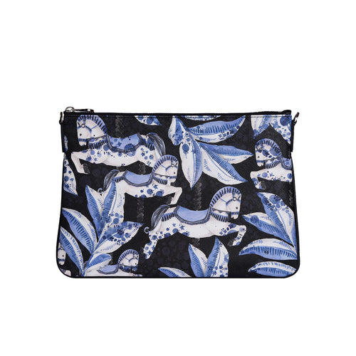 Fonfique Merita Clutch portföy çanta atlı karınca carousel mavi beyaz siyah blue white black hediye gift
